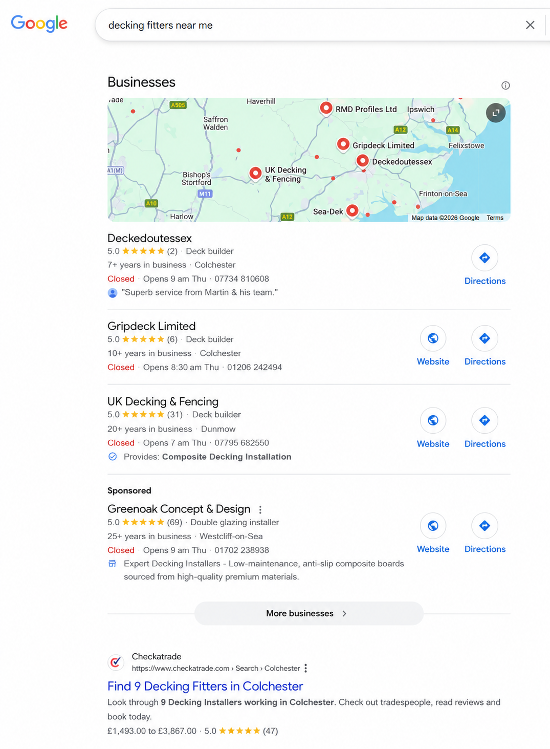 Google Business Profile and search results example
